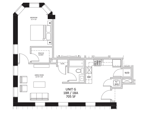 Floor plan for 1 bed, 1 bath, 705 sqft